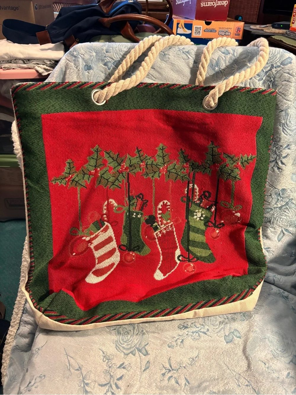 Festive Christmas Stocking Tote Bag - Red & Green